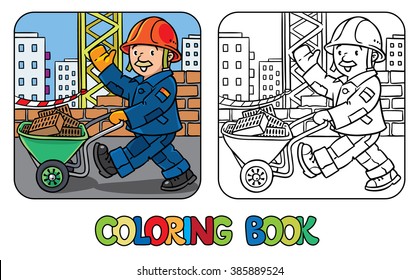 Coloring picture or coloring book of funny construction worker or builder with cartor truck waving by hand. Profession series. Childrens vector illustration.