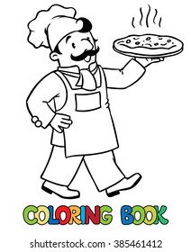 Coloring picture or coloring book of funny cook or chef or baker with pizza. Profession series. Children vector illustration.