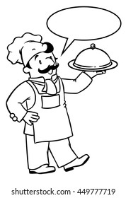 Coloring picture or coloring book of funny cook or chef with tray. Profession series. Children vector illustration. With balloon for text