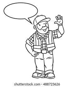 Coloring picture or coloring book of funny driver or worker, man dressed in a plaid shirt, vest with reflective stripes and jeans Profession series. Children vector illustration. With balloon for text