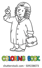 Coloring picture or coloring book of funny judge. A man in barrister wig, dressed in mantle, with briefcase understand thumbs up. Profession series. Childrens vector illustration.