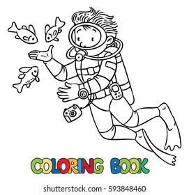 Coloring picture or coloring book of funny oceanologist or oceanographer, or diver in scuba gear near the fishes. Profession series. Children vector illustration.