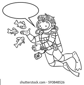 Coloring picture or coloring book of funny oceanologist or oceanographer, or diver in scuba gear near the fishes. Profession series. Children vector illustration. With balloon for text