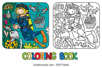 Coloring picture or coloring book of funny oceanologist or oceanographer, or diver in scuba gear near the fishes. Profession ABC series. Children vector illustration. Letter O