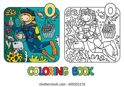 Coloring picture or coloring book of funny oceanologist or oceanographer, or diver in scuba gear near the fishes. Profession ABC series. Children vector illustration. Alphabet. Letter O