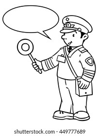 Coloring picture or coloring book of funny railroader in uniform. Profession series. Children vector illustration. With balloon for text.
