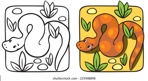 Coloring picture or coloring book of funny snake or boa, crawling through the desert.