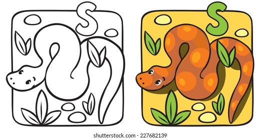 Coloring picture or coloring book of funny snake or boa, crawling through the desert. Alphabet S