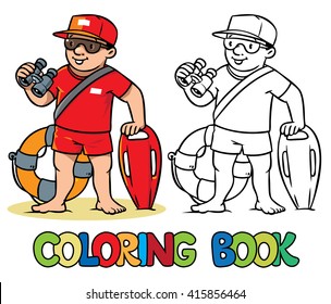 Coloring picture or coloring book of  lifegueard with equipment on the beach. Profession ABC series. Children vector illustration.