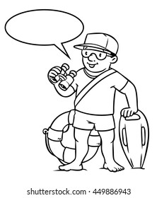 Coloring picture or coloring book of lifegueard with equipment on the beach. Profession series. Children vector illustration. With balloon for text.