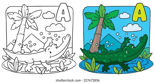 Coloring picture or Coloring book of little funny crocodile swims in the lake. Alphabet A