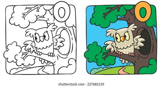 Coloring picture or coloring book of little funny owl sitting on the branch of an oak tree. Alphabet O