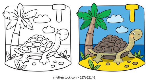 Coloring picture or coloring book of little funny turtle on the sand near the palm. Alphabet T