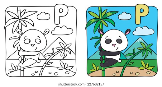 Coloring picture or coloring book of little funny panda siting on a bamboo. Alphabet P