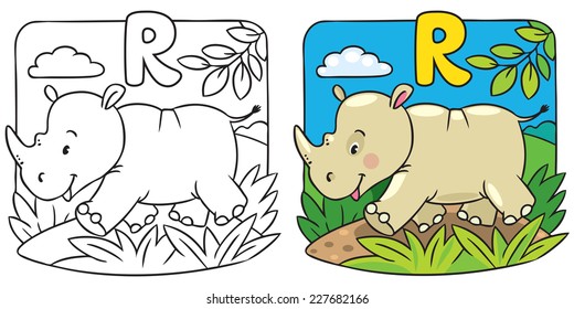 Coloring picture or coloring book of little funny rhino, running down the road. Alphabet R 