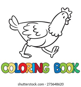 Coloring picture or coloring book of little funny chicken running around the yard