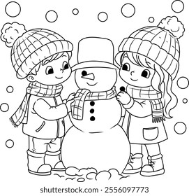 Coloring picture of a boy and girl wearing winter clothes and scarves helping to make a snowman in winter. Vector