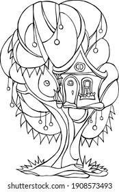 Coloring picture with cartoon fairytale house on tree.Vector illustration with funny house. Black and white outline picture.Hand drawing.Coloring house.