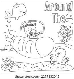 Coloring picture of cartoon submarine ship. cute little bear sailor, Childish design for kids activity colouring book or page.