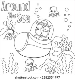 Coloring picture of cartoon submarine ship. cute little tiger sailor, Childish design for kids activity colouring book or page.