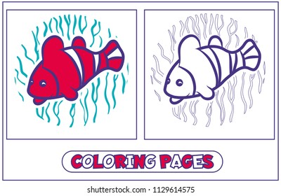 A coloring picture with a fish - a parrot. Character for destkogo creativity. Black-and-white drawing from lines for coloring by paints. On a blue background of algae. Vector illustration.