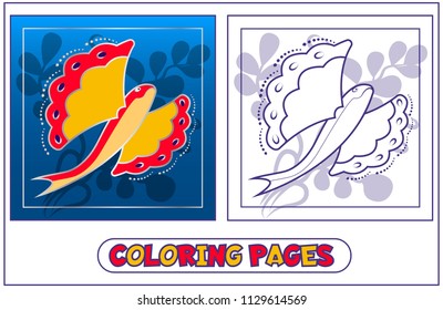Coloring picture with flying fish and bubbles. Character for destkogo creativity. Black-and-white drawing from lines for coloring by paints. On a pink background. Vector illustration.