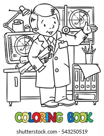 Coloring picture of funny engineer or inventor. A man in coat with drawings showing by hand. Profession series. Childrens vector illustration.