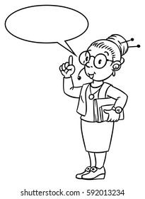 Coloring picture of funny interpreter or translator. A woman in round glasses and a suit with books under his arm and headset, raised index finger. Profession series. Children vector illustration.