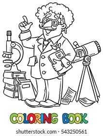 Coloring picture of funny scientist or inventor. A man in glasses and suit with books, folders, microscope and telescope raised index finger. Profession series. Childrens vector illustration.