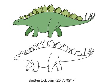 coloring picture for kids with kind cartoon green dinosaur stegosaurus, color and black and white versions of stegosaurus vector image, extinct animal, dinosaur drawing