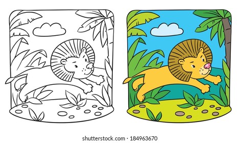 Coloring picture of little fun lion jumping out of the jungle. Children illustration.