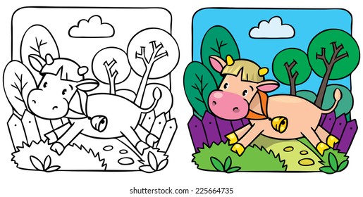 Coloring picture of little funny cow or calf running along the path