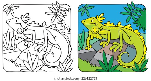 Coloring picture of little funny iguana on rock.
