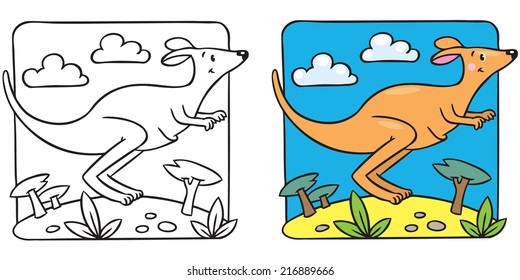 Coloring picture of little funny jumping kangaroo, running through the desert.