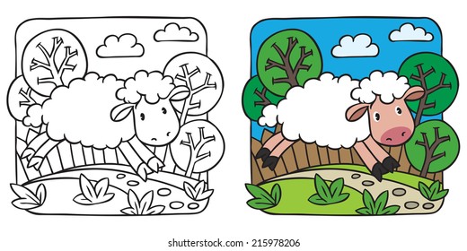 Coloring picture of little funny sheep running along the path