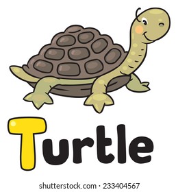 Coloring picture of little funny turtle on the sand near the palm. Alphabet T