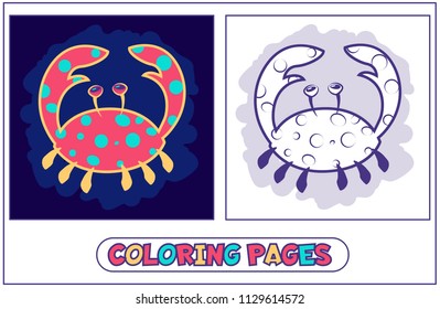 Coloring picture with a nice sea crab. Character for destkogo creativity. Black-and-white drawing from lines for coloring by paints. On a blue background. Vector illustration.