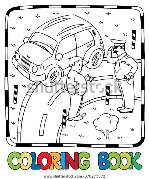Coloring picture of policeman stopped the car,\
salutes and talking with the\
driver.