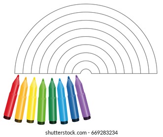 Coloring picture rainbow - with eight colorful markers that show which color to be used - isolated vector illustration on white background.