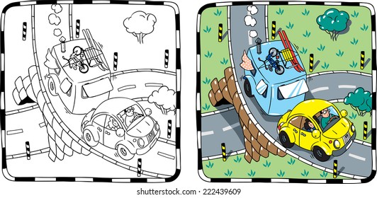 Coloring picture of small yellow car with trailer on the road. Children vector illustration