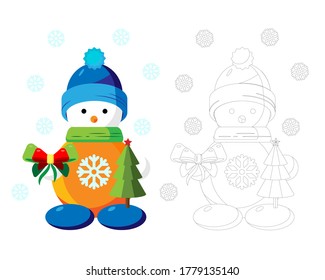 Coloring with picture of Snowman in hat. The image of cute snowman in cartoon style. Christmas vector illustration