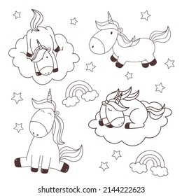 coloring picture with unicorn. Coloring page with collection or set of cute unicorns. Rainbow and dreaming unicorn in black and white. ready for print.