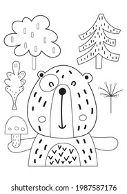 Coloring in pictures of animals activities for kids at home. Cartoon Bear forest vector illustrator