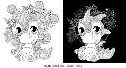 Coloring pictures. Cute dragon. Anti-stress hand drawing. The pictures are perfect for creating wallpaper, labels, crafts and other projects.