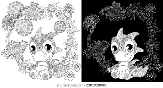 Coloring pictures. Cute dragon. Anti-stress hand drawing. The pictures are perfect for creating wallpaper, labels, crafts and other projects.