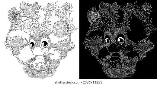 Coloring pictures. Cute dragon. Anti-stress hand drawing. The pictures are perfect for creating wallpaper, labels, crafts and other projects.
