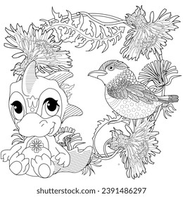 Coloring pictures. Cute dragon. Anti-stress hand drawing. The pictures are perfect for creating wallpaper, labels, crafts and other projects.
