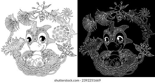 Coloring pictures. Cute dragon. Anti-stress hand drawing. The pictures are perfect for creating wallpaper, labels, crafts and other projects.
