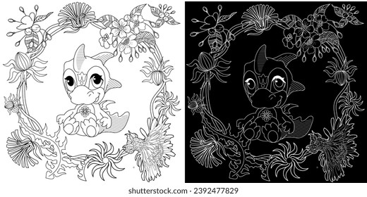 Coloring pictures. Cute dragon. Anti-stress hand drawing. The pictures are perfect for creating wallpaper, labels, crafts and other projects.
