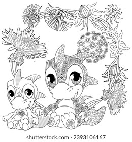 Coloring pictures. Cute dragon. Anti-stress hand drawing. The pictures are perfect for creating wallpaper, labels, crafts and other projects.

